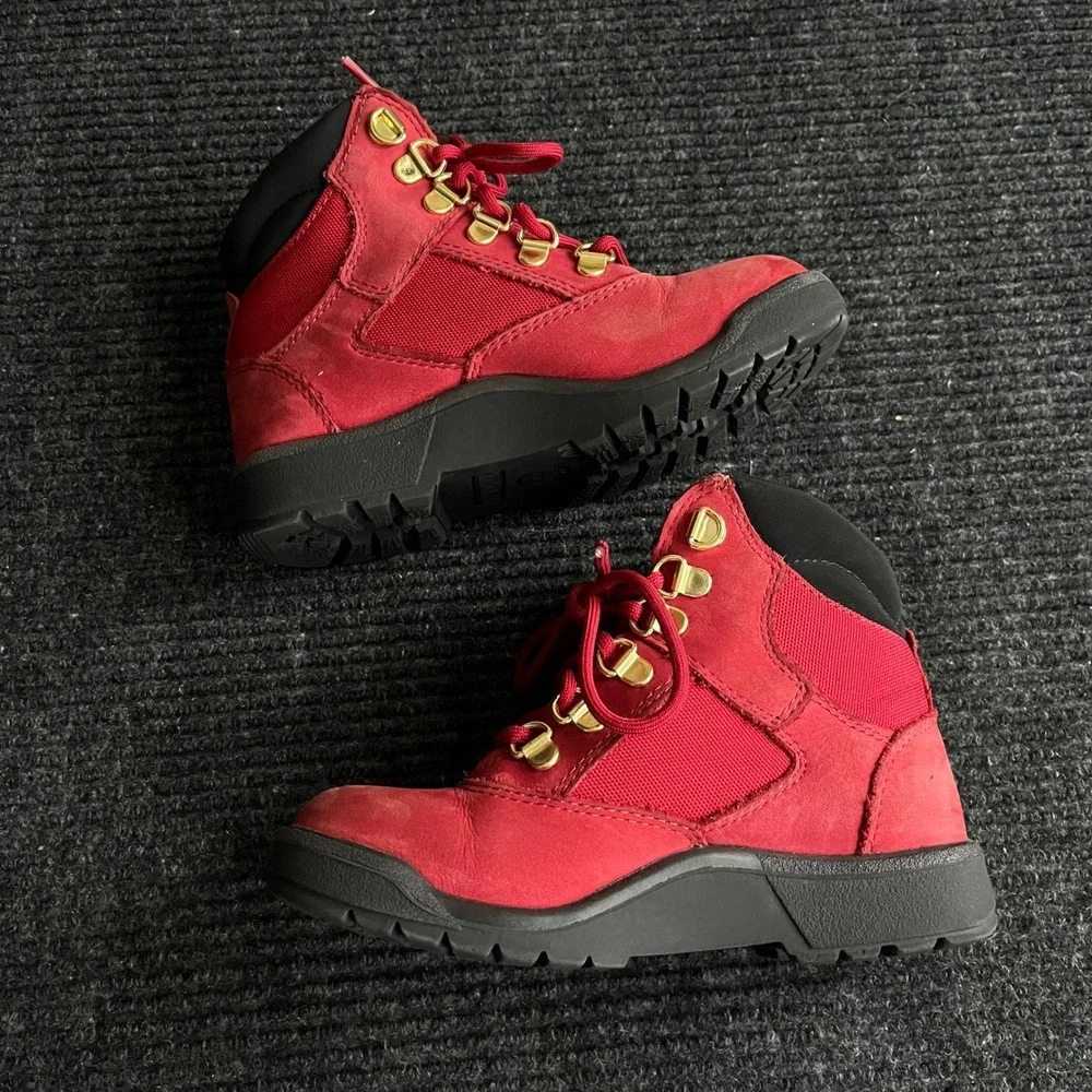 Timberland Field Boots Boys 1 Red Nubuck Mesh Mid Top Hiking A2JKR Gold Hardware